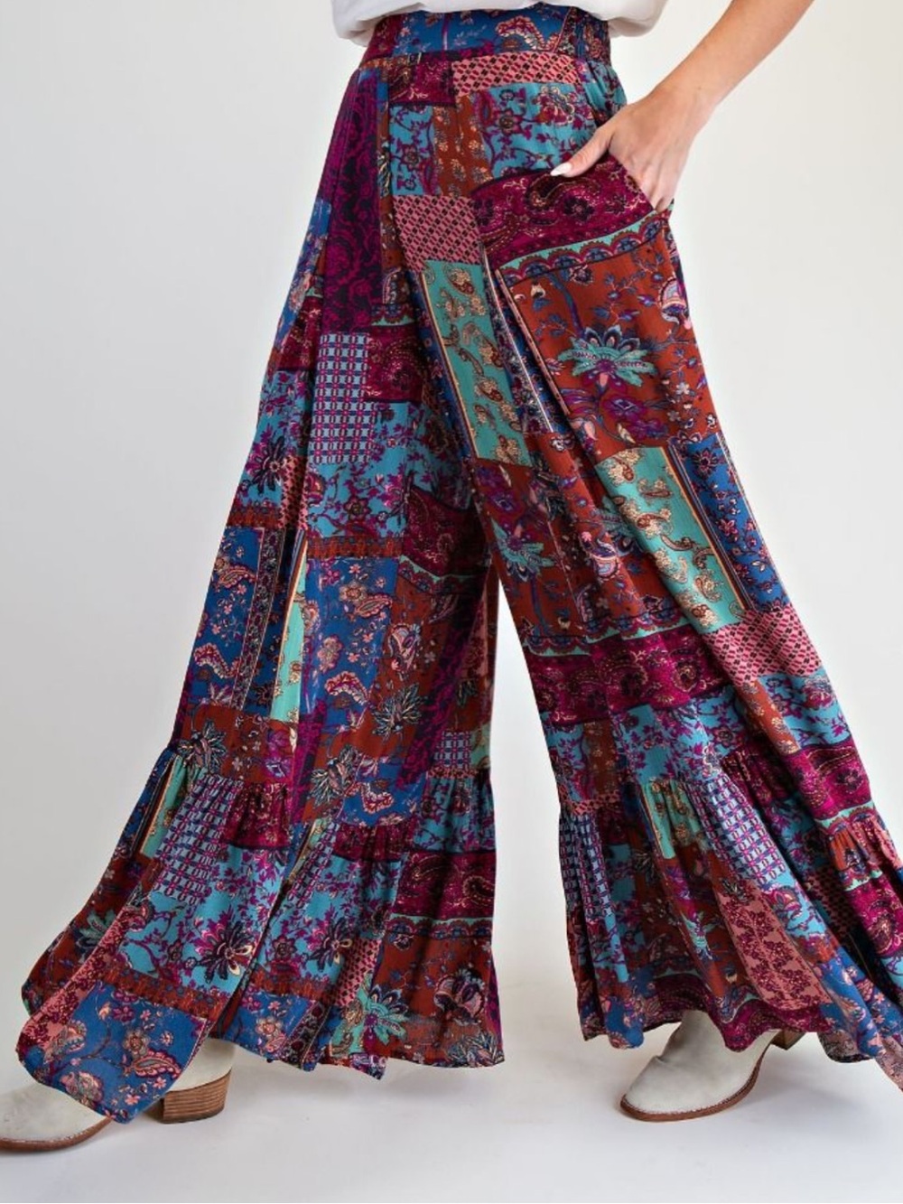 436 EASEL PATCHWORK PRINTED GAUZE PALAZZO PANTS